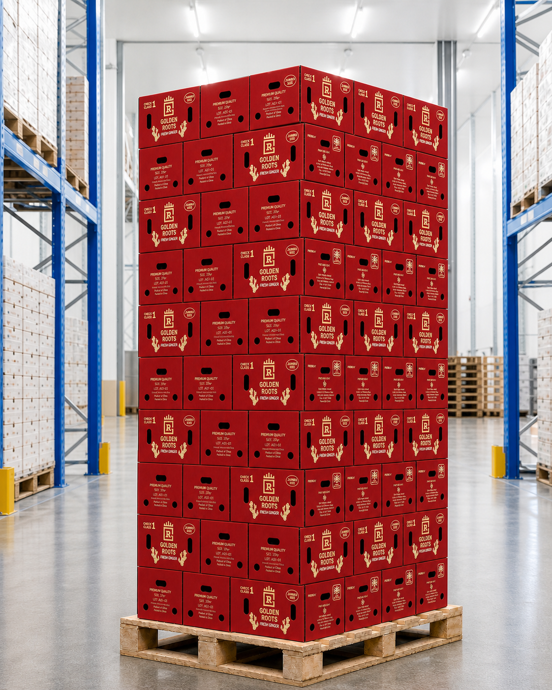 كراتين Golden Roots Jumbo الحمراء للزنجبيل الطازج مرتبة على منصة خشبية كاملة